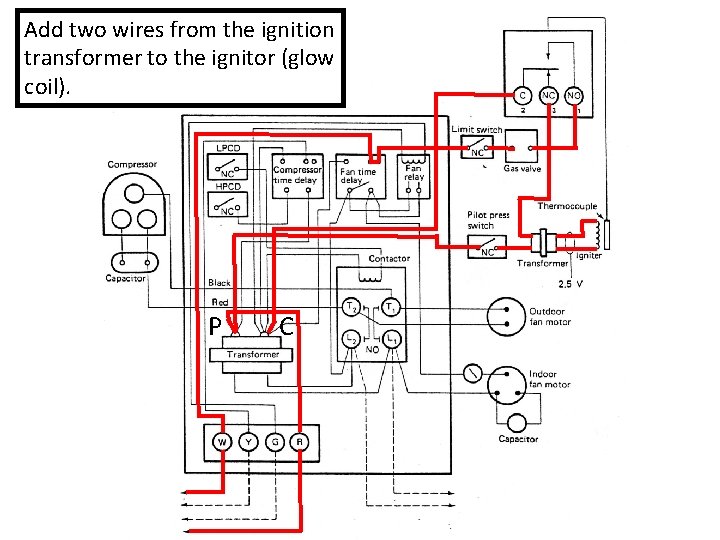 Add two wires from the ignition transformer to the ignitor (glow coil). P C