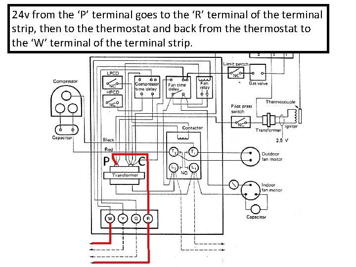 24 v from the ‘P’ terminal goes to the ‘R’ terminal of the terminal