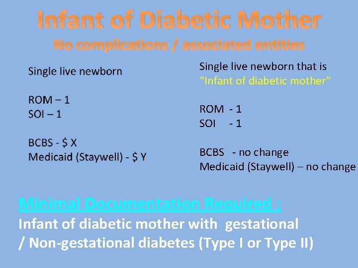Infant of Diabetic Mother No complications / associated entities Single live newborn that is
