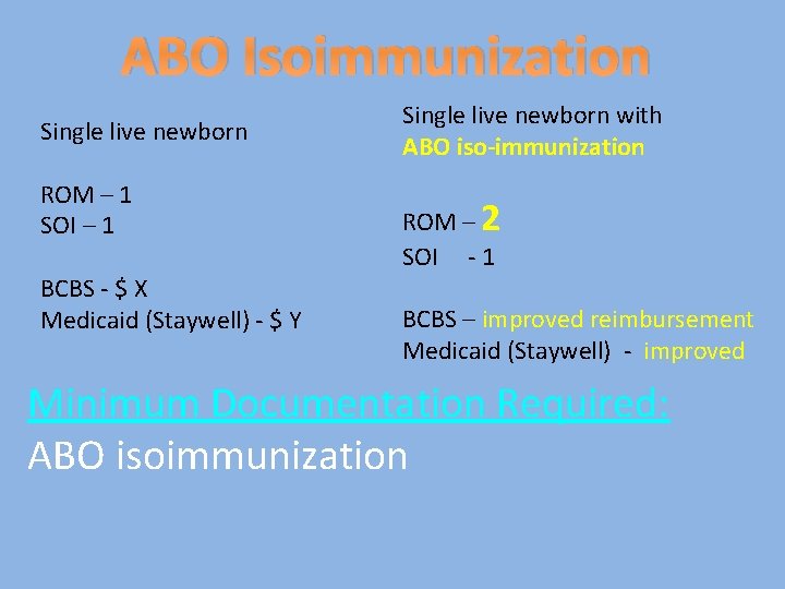 ABO Isoimmunization Single live newborn ROM – 1 SOI – 1 BCBS - $
