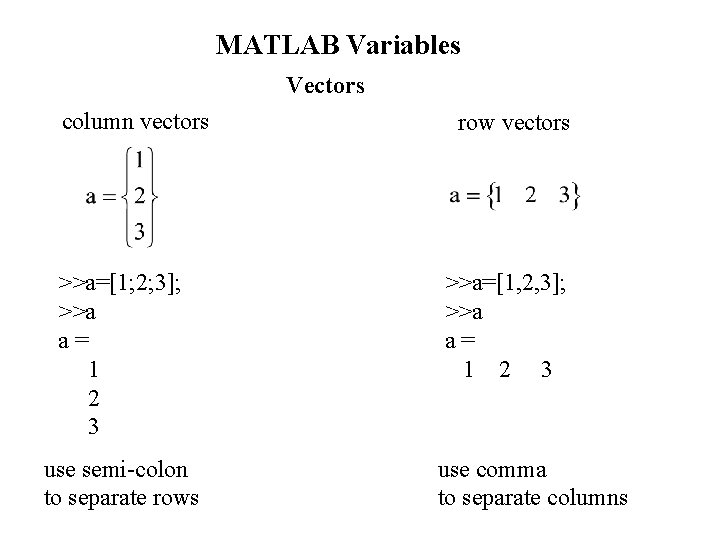 MATLAB Variables Vectors column vectors >>a=[1; 2; 3]; >>a a= 1 2 3 use