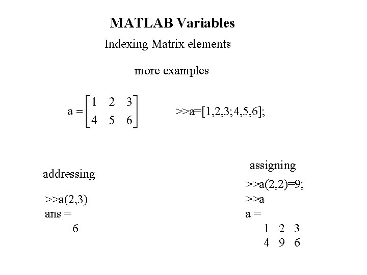 MATLAB Variables Indexing Matrix elements more examples >>a=[1, 2, 3; 4, 5, 6]; addressing