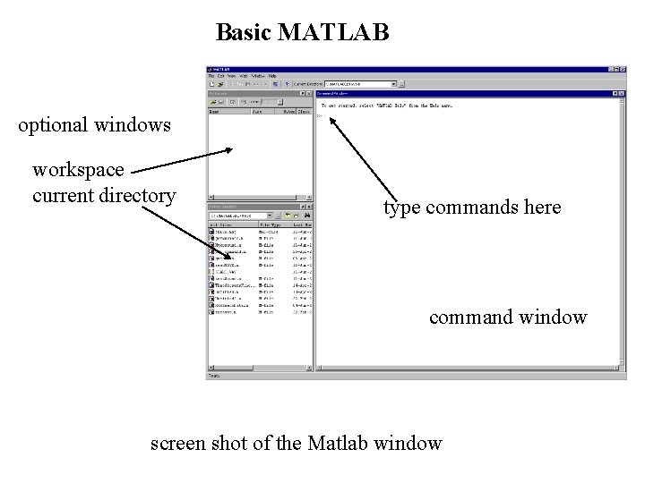 Basic MATLAB optional windows workspace current directory type commands here command window screen shot