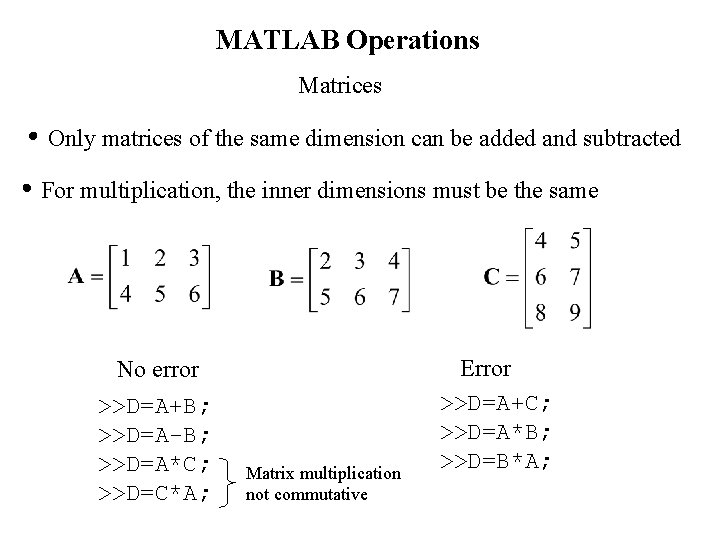 MATLAB Operations Matrices Only matrices of the same dimension can be added and subtracted