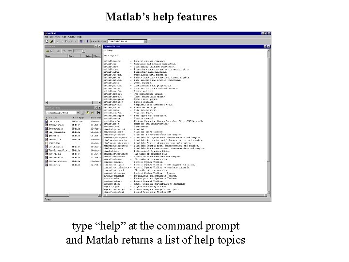 Matlab’s help features type “help” at the command prompt and Matlab returns a list