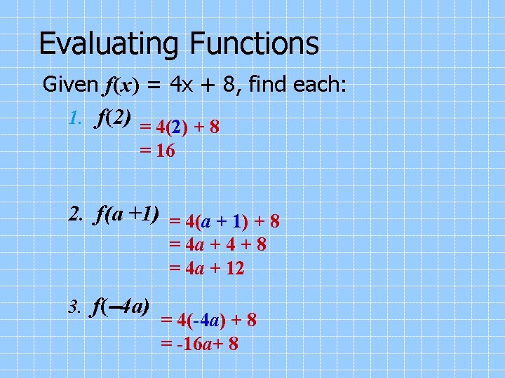 Evaluating Functions Given f(x) = 4 x + 8, find each: 1. f(2) =
