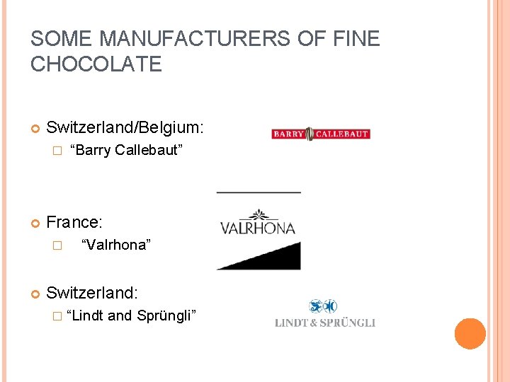 SOME MANUFACTURERS OF FINE CHOCOLATE Switzerland/Belgium: � France: � “Barry Callebaut” “Valrhona” Switzerland: �