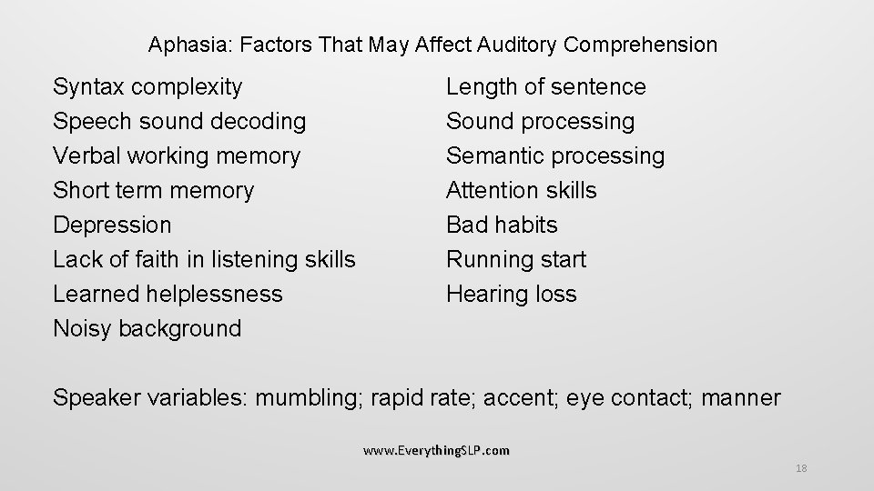 Aphasia: Factors That May Affect Auditory Comprehension Syntax complexity Speech sound decoding Verbal working