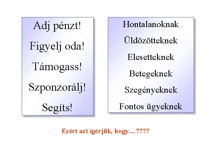 Adj pénzt! Hontalanoknak Figyelj oda! Üldözötteknek Támogass! Elesetteknek Betegeknek Szponzorálj! Szegényeknek Segíts! Fontos ügyeknek