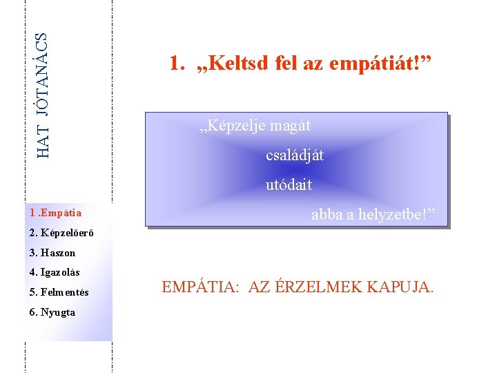 HAT JÓTANÁCS 1. „Keltsd fel az empátiát!” „Képzelje magát családját utódait 1. Empátia abba