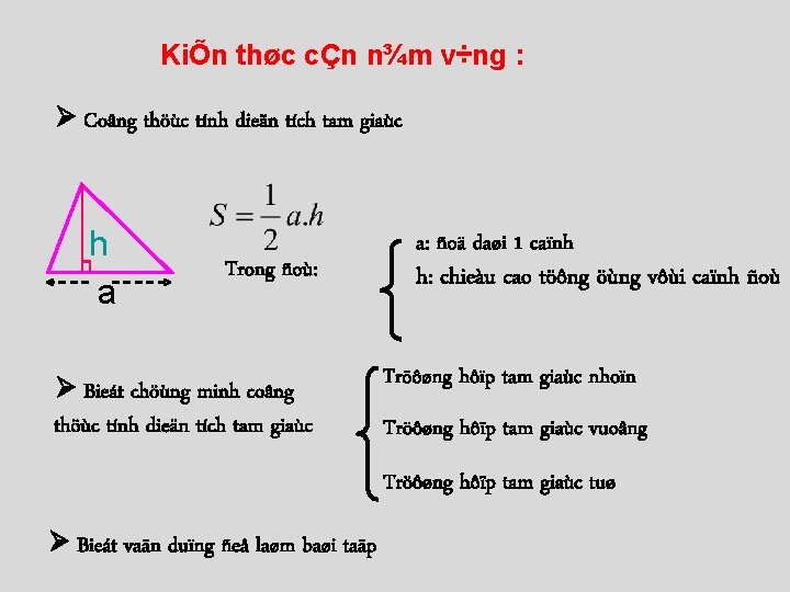 KiÕn thøc cÇn n¾m v÷ng : Coâng thöùc tính dieän tích tam giaùc h