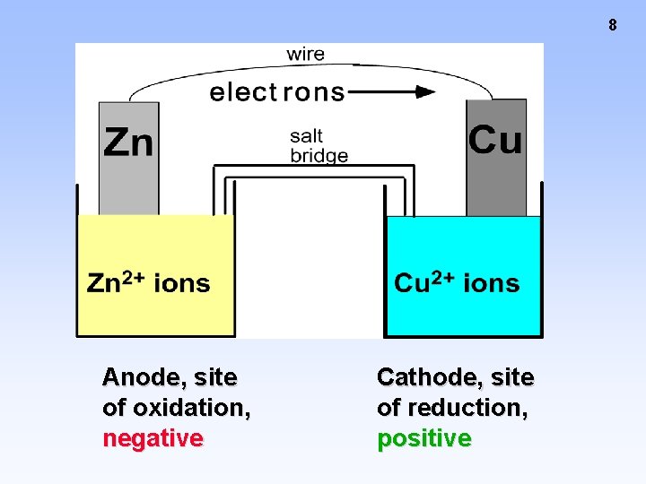 8 Anode, site of oxidation, negative Cathode, site of reduction, positive 