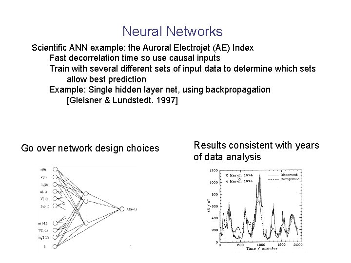 Neural Networks Scientific ANN example: the Auroral Electrojet (AE) Index Fast decorrelation time so