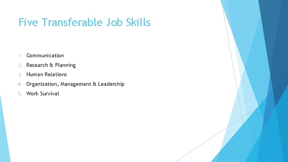 Five Transferable Job Skills 1. Communication 2. Research & Planning 3. Human Relations 4.