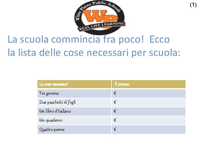 (1) La scuola commincia fra poco! Ecco la lista delle cose necessari per scuola: