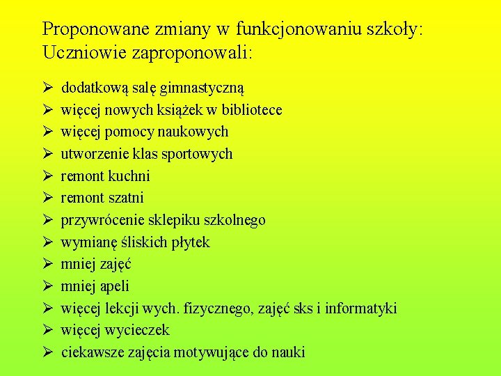 Proponowane zmiany w funkcjonowaniu szkoły: Uczniowie zaproponowali: Ø Ø Ø Ø dodatkową salę gimnastyczną