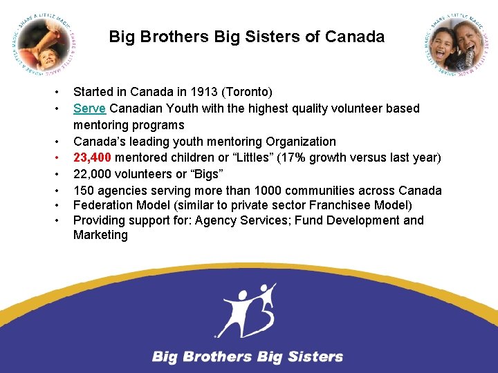 Big Brothers Big Sisters of Canada • • Started in Canada in 1913 (Toronto)