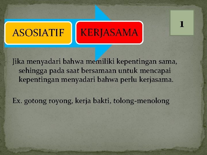 ASOSIATIF KERJASAMA Jika menyadari bahwa memiliki kepentingan sama, sehingga pada saat bersamaan untuk mencapai