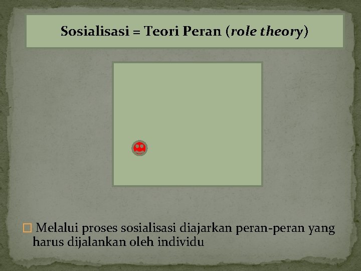 Sosialisasi = Teori Peran (role theory) � Melalui proses sosialisasi diajarkan peran-peran yang harus
