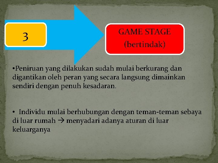 3 GAME STAGE (bertindak) • Peniruan yang dilakukan sudah mulai berkurang dan digantikan oleh