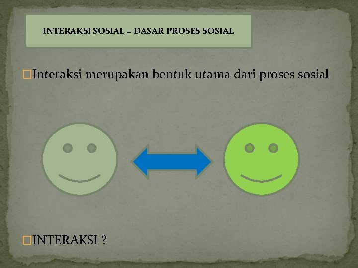 INTERAKSI SOSIAL = DASAR PROSES SOSIAL �Interaksi merupakan bentuk utama dari proses sosial �INTERAKSI