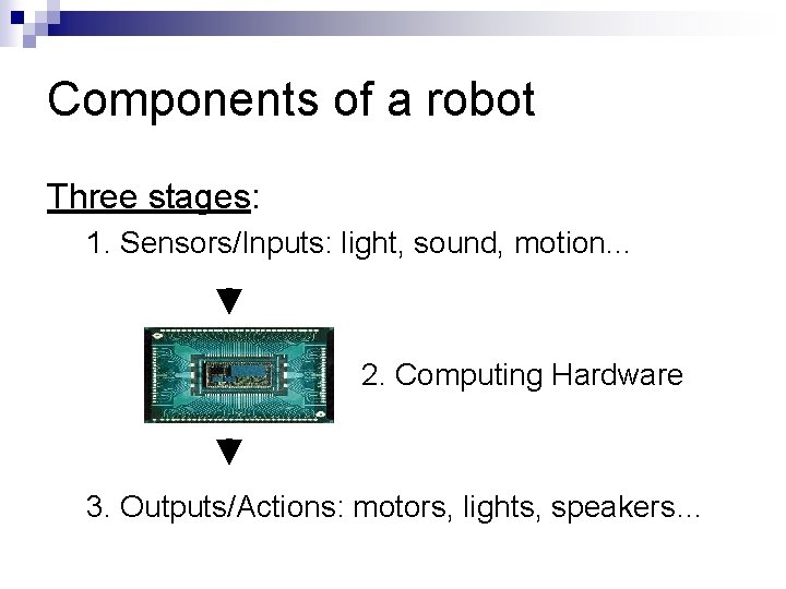 Components of a robot Three stages: 1. Sensors/Inputs: light, sound, motion. . . 2.