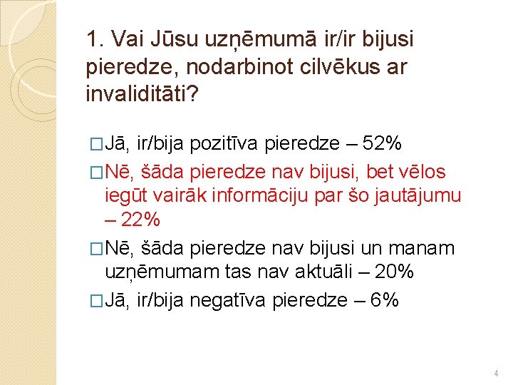 1. Vai Jūsu uzņēmumā ir/ir bijusi pieredze, nodarbinot cilvēkus ar invaliditāti? �Jā, ir/bija pozitīva