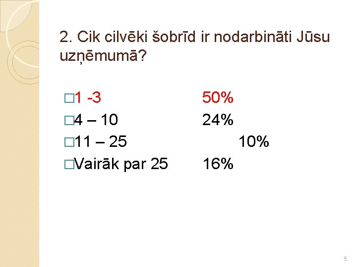 2. Cik cilvēki šobrīd ir nodarbināti Jūsu uzņēmumā? � 1 -3 � 4 –