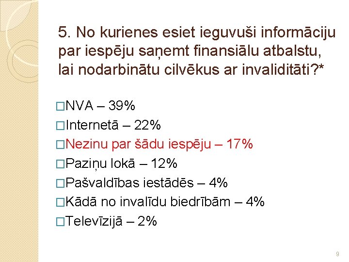 5. No kurienes esiet ieguvuši informāciju par iespēju saņemt finansiālu atbalstu, lai nodarbinātu cilvēkus