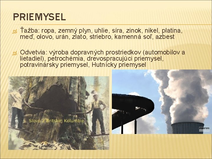 PRIEMYSEL Ťažba: ropa, zemný plyn, uhlie, síra, zinok, nikel, platina, meď, olovo, urán, zlato,