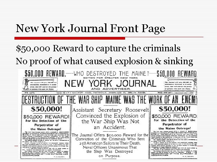 New York Journal Front Page $50, 000 Reward to capture the criminals No proof