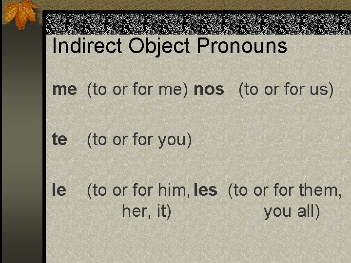 Indirect Object Pronouns me (to or for me) nos (to or for us) te