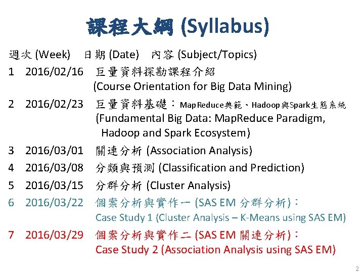 課程大綱 (Syllabus) 週次 (Week) 日期 (Date) 內容 (Subject/Topics) 1 2016/02/16 巨量資料探勘課程介紹 (Course Orientation for