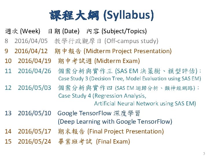 課程大綱 (Syllabus) 週次 (Week) 日期 (Date) 內容 (Subject/Topics) 8 2016/04/05 教學行政觀摩日 (Off-campus study) 9