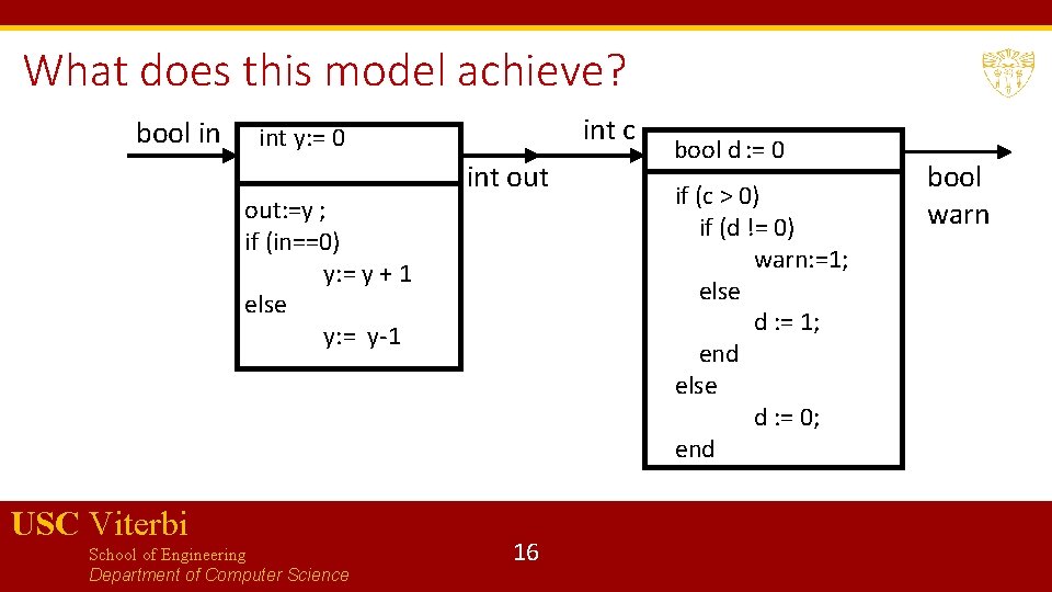 What does this model achieve? bool in int c int y: = 0 out: