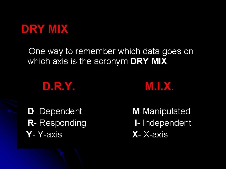 DRY MIX One way to remember which data goes on which axis is the