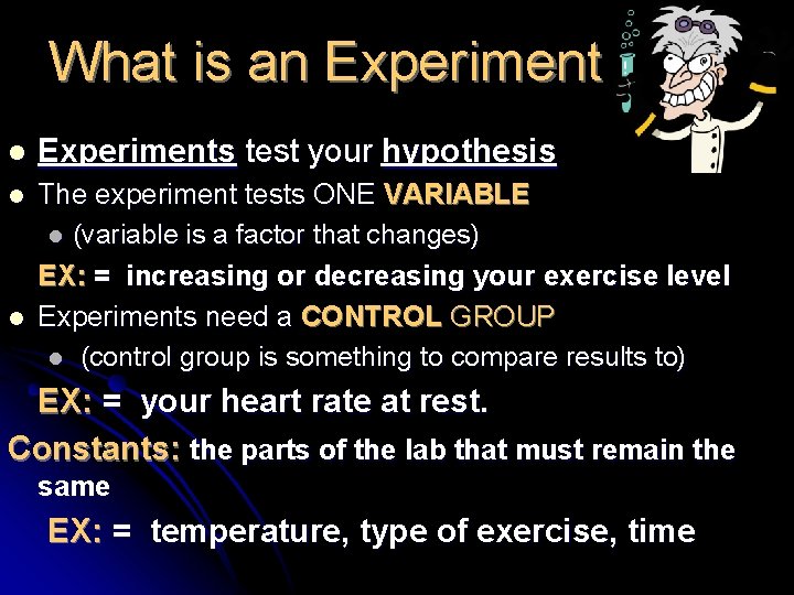 What is an Experiment l Experiments test your hypothesis l The experiment tests ONE