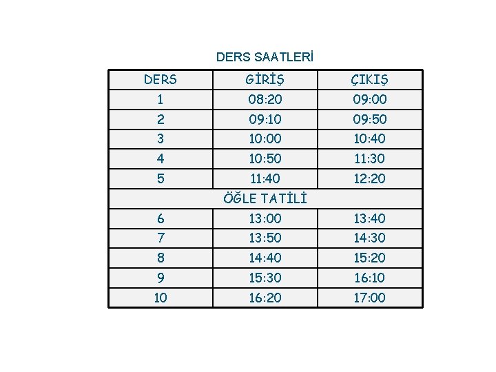 DERS SAATLERİ DERS GİRİŞ ÇIKIŞ 1 08: 20 09: 00 2 09: 10 09: