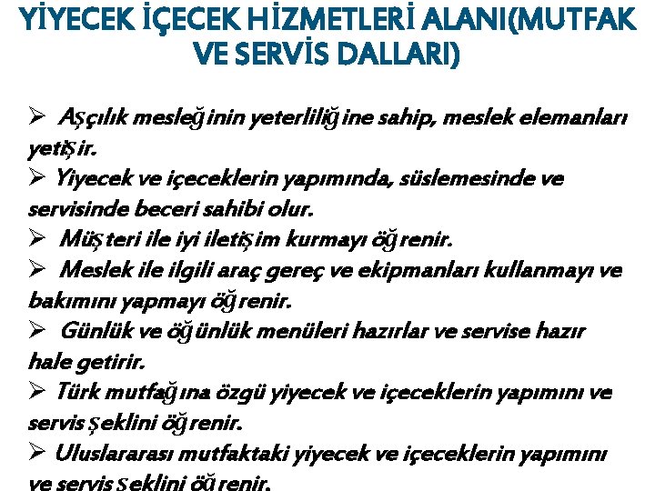 YİYECEK İÇECEK HİZMETLERİ ALANI(MUTFAK VE SERVİS DALLARI) Ø Aşçılık mesleğinin yeterliliğine sahip, meslek elemanları