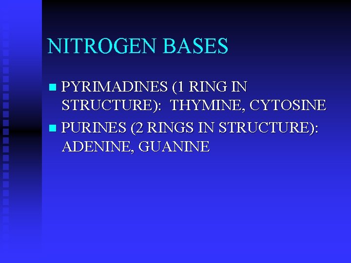NITROGEN BASES PYRIMADINES (1 RING IN STRUCTURE): THYMINE, CYTOSINE n PURINES (2 RINGS IN