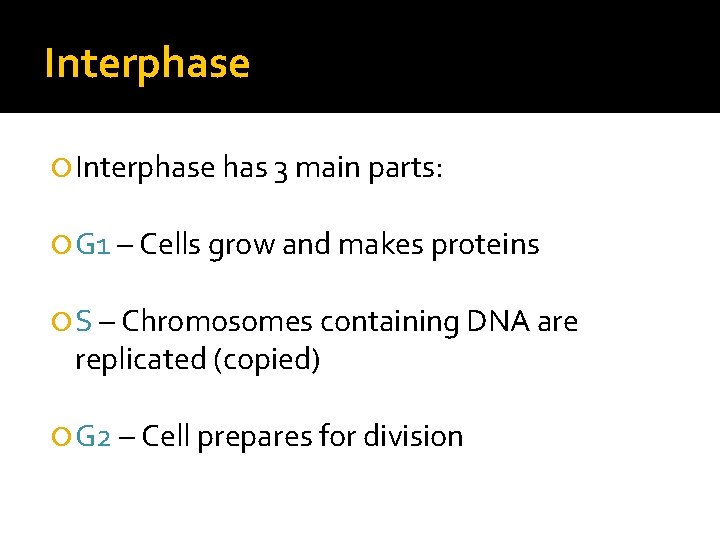 Interphase has 3 main parts: G 1 – Cells grow and makes proteins S