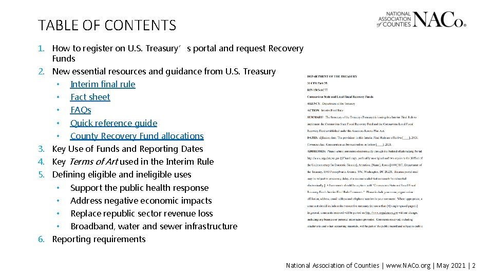 TABLE OF CONTENTS 1. How to register on U. S. Treasury’s portal and request