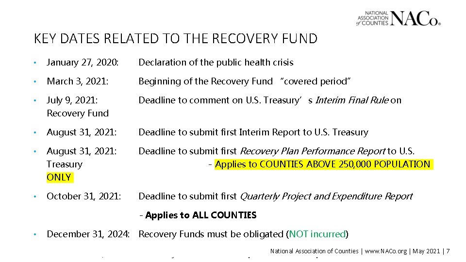 KEY DATES RELATED TO THE RECOVERY FUND • January 27, 2020: Declaration of the