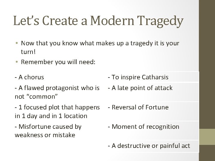 Let’s Create a Modern Tragedy • Now that you know what makes up a