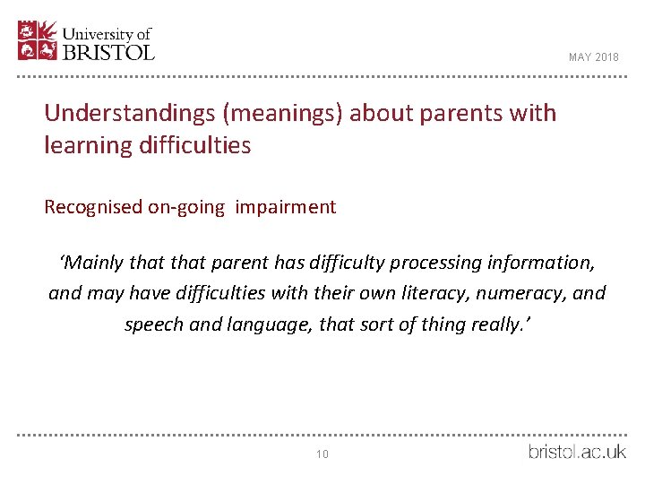 MAY 2018 Understandings (meanings) about parents with learning difficulties Recognised on-going impairment ‘Mainly that