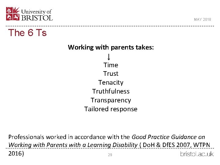 MAY 2018 The 6 Ts Working with parents takes: ↓ Time Trust Tenacity Truthfulness