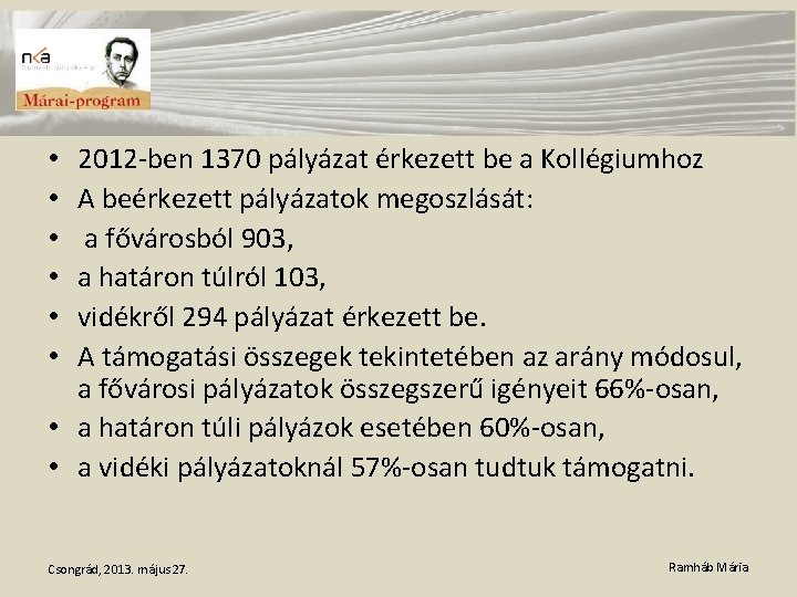 2012 -ben 1370 pályázat érkezett be a Kollégiumhoz A beérkezett pályázatok megoszlását: a fővárosból