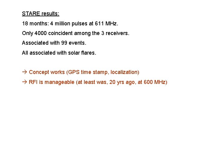 STARE results: 18 months: 4 million pulses at 611 MHz. Only 4000 coincident among