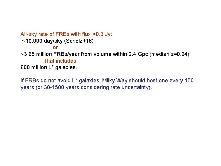 All-sky rate of FRBs with flux >0. 3 Jy: ~10, 000 day/sky (Scholz+16) or