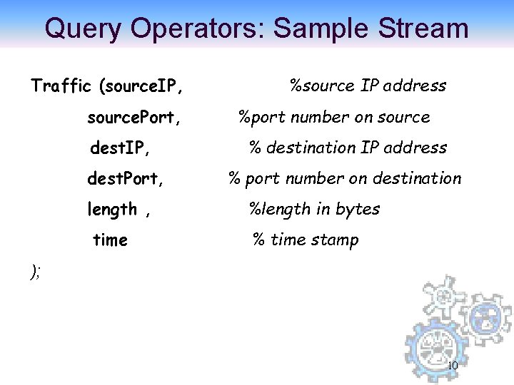 Query Operators: Sample Stream Traffic (source. IP, source. Port, dest. IP, dest. Port, %source